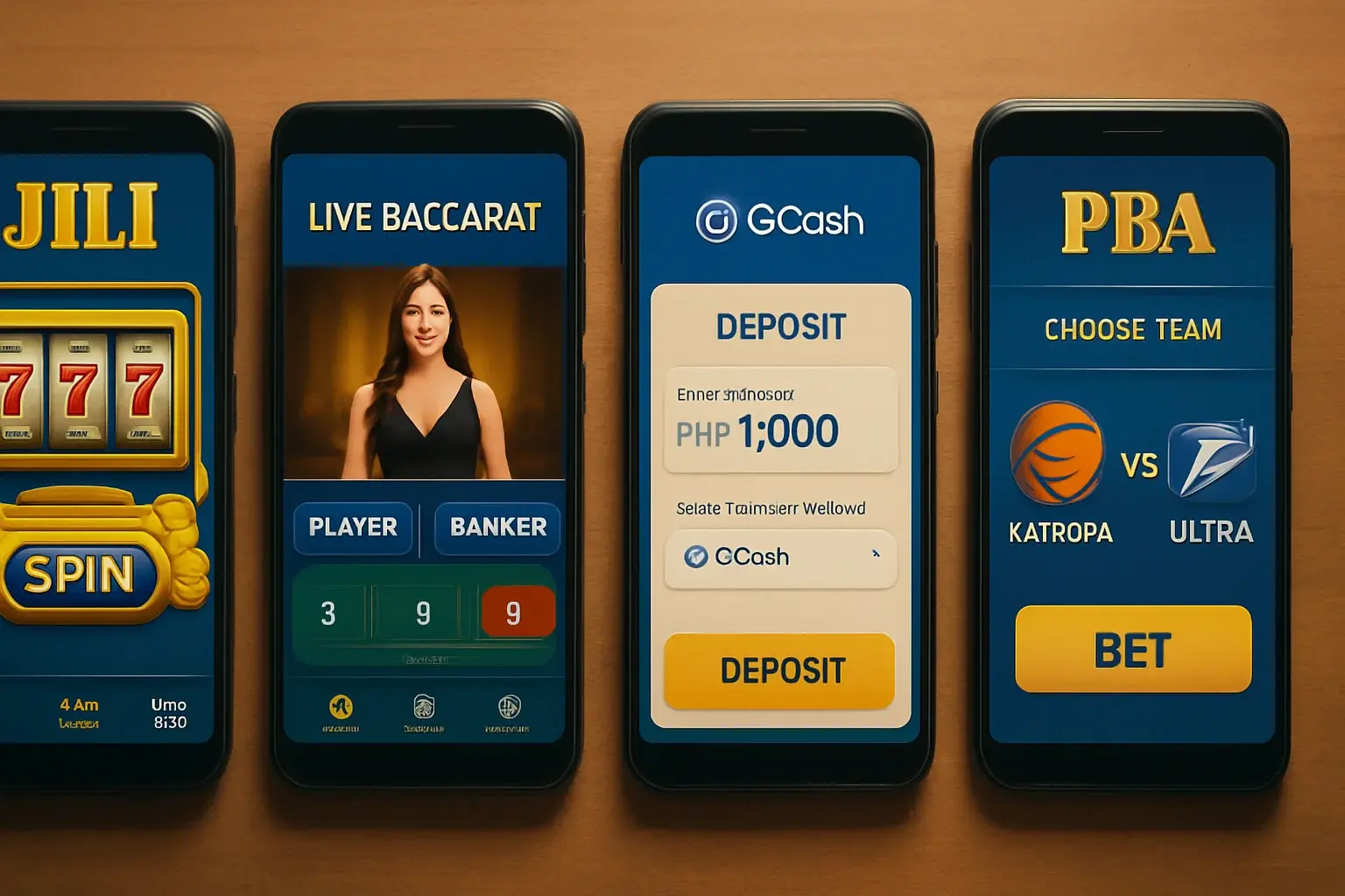 Multiple Android screens showing Philippine casino app with slots, baccarat, GCash deposits