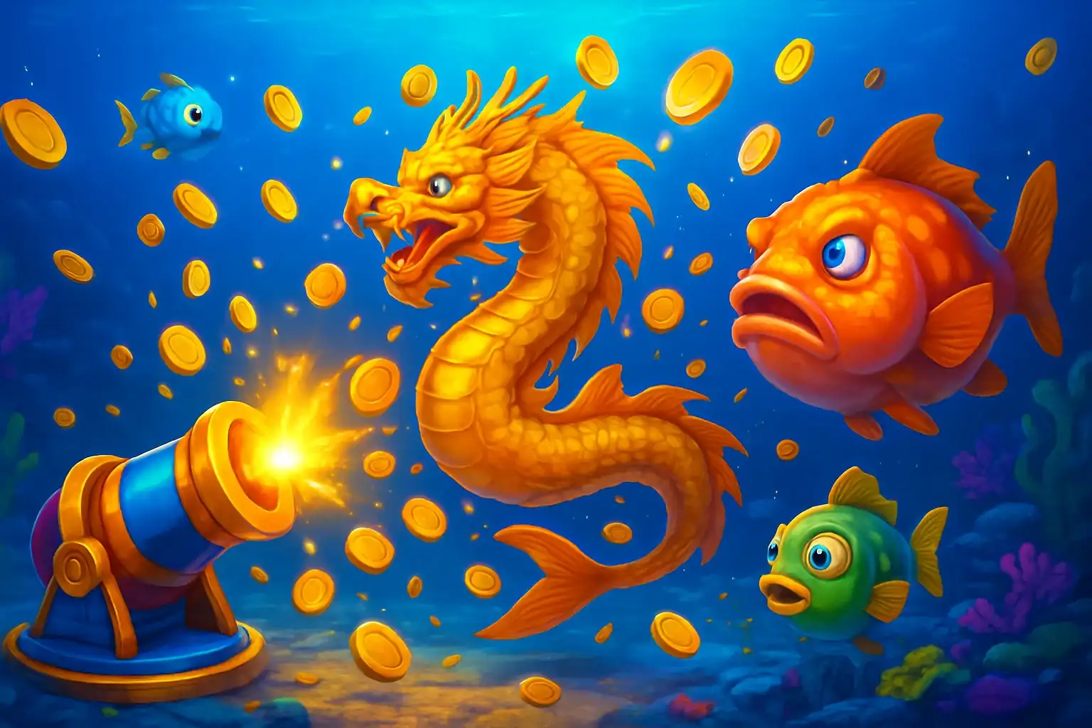 Vibrant Philippine casino fishing game with colorful fish and coin explosions