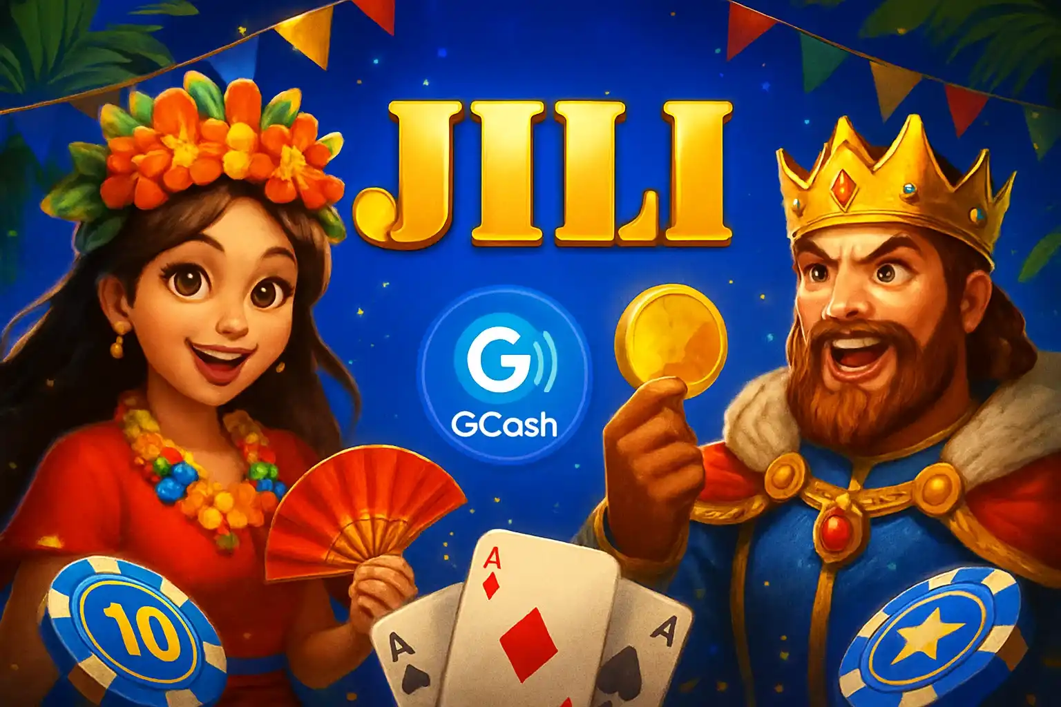 Vibrant Philippine online casino hero banner with JILI characters and GCash badge