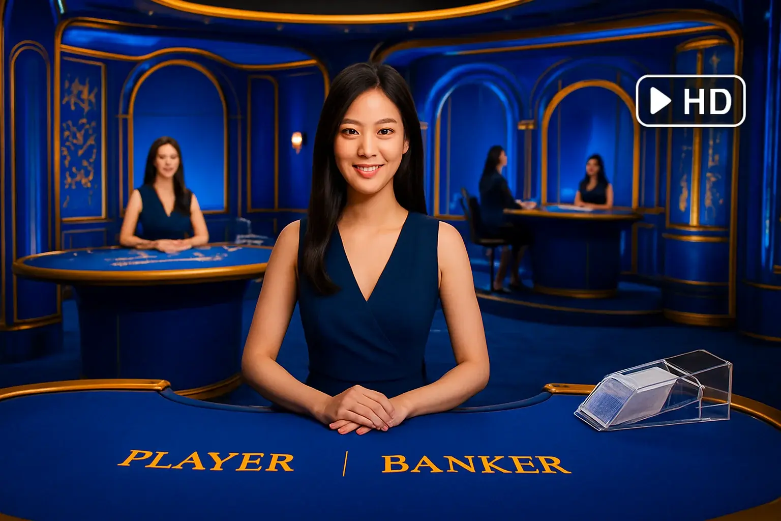 Elegant live casino studio with Asian dealers, baccarat and blackjack tables