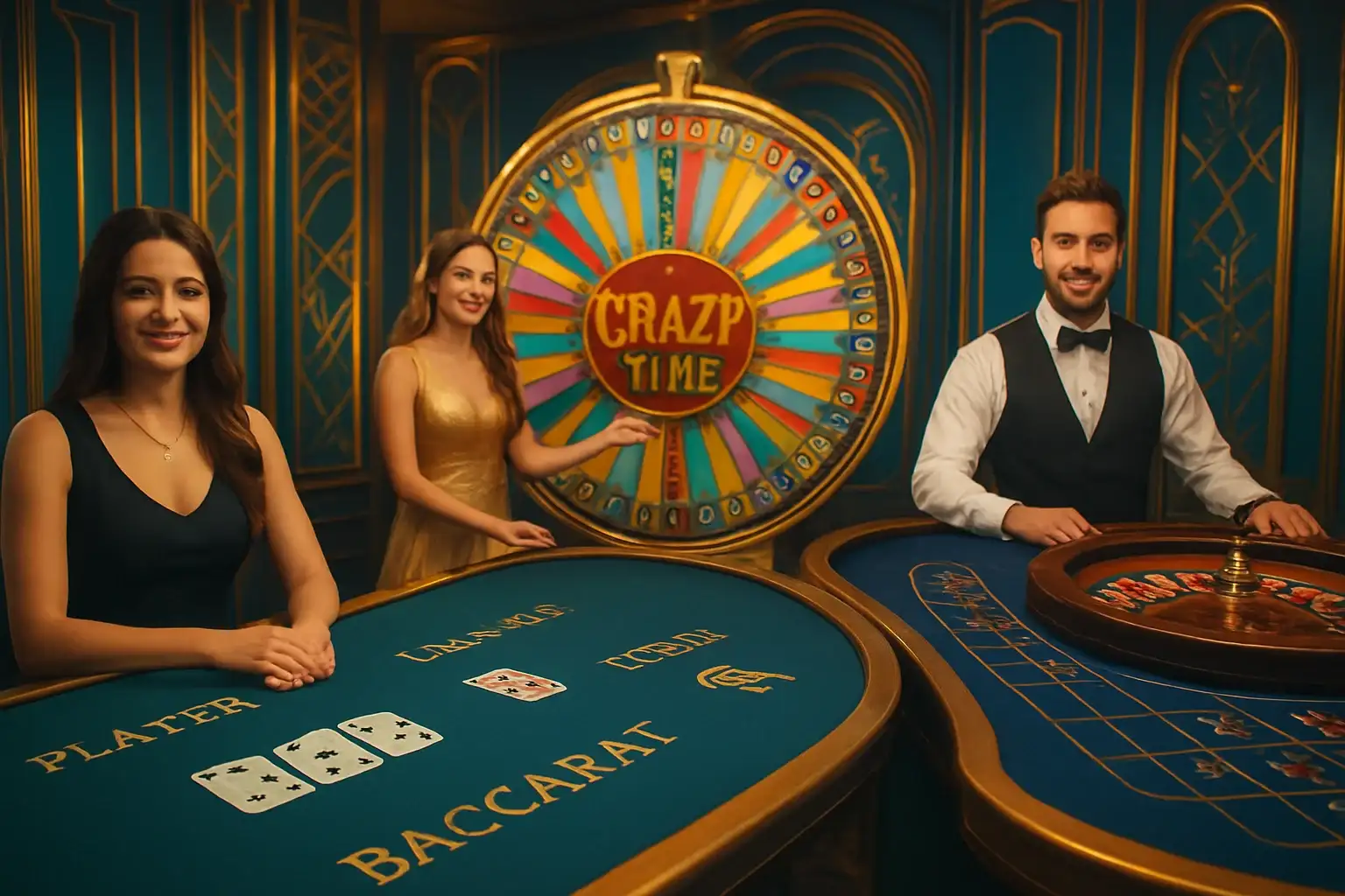 Live casino game cards with baccarat, roulette, Crazy Time, and dealers
