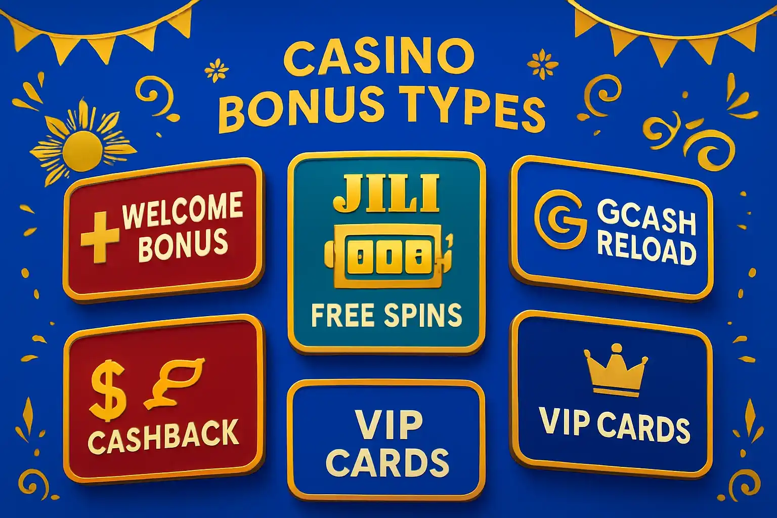Welcome bonus, JILI free spins, GCash reload, cashback and VIP cards display