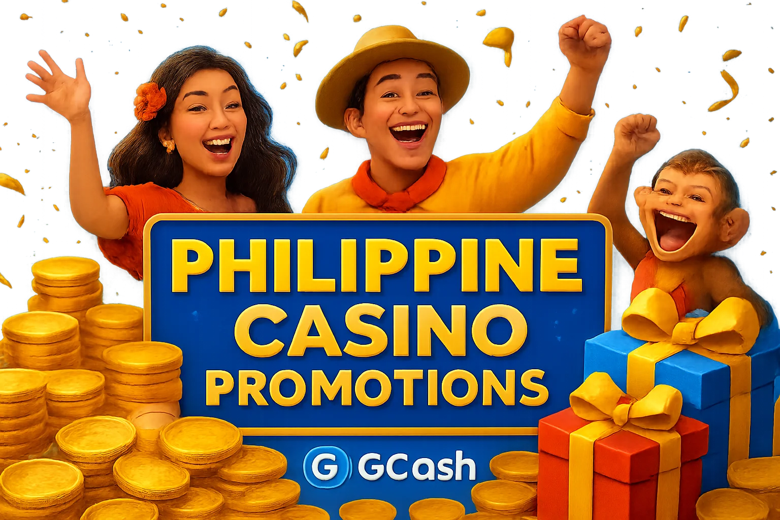 Philippine casino promotions banner with GCash badge, JILI characters, gold coins