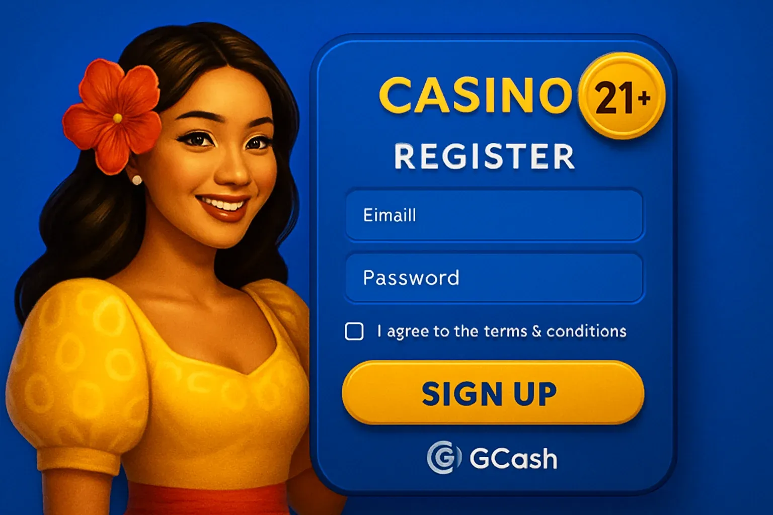 Philippine casino registration page illustration with GCash logo and gold 21+ badge
