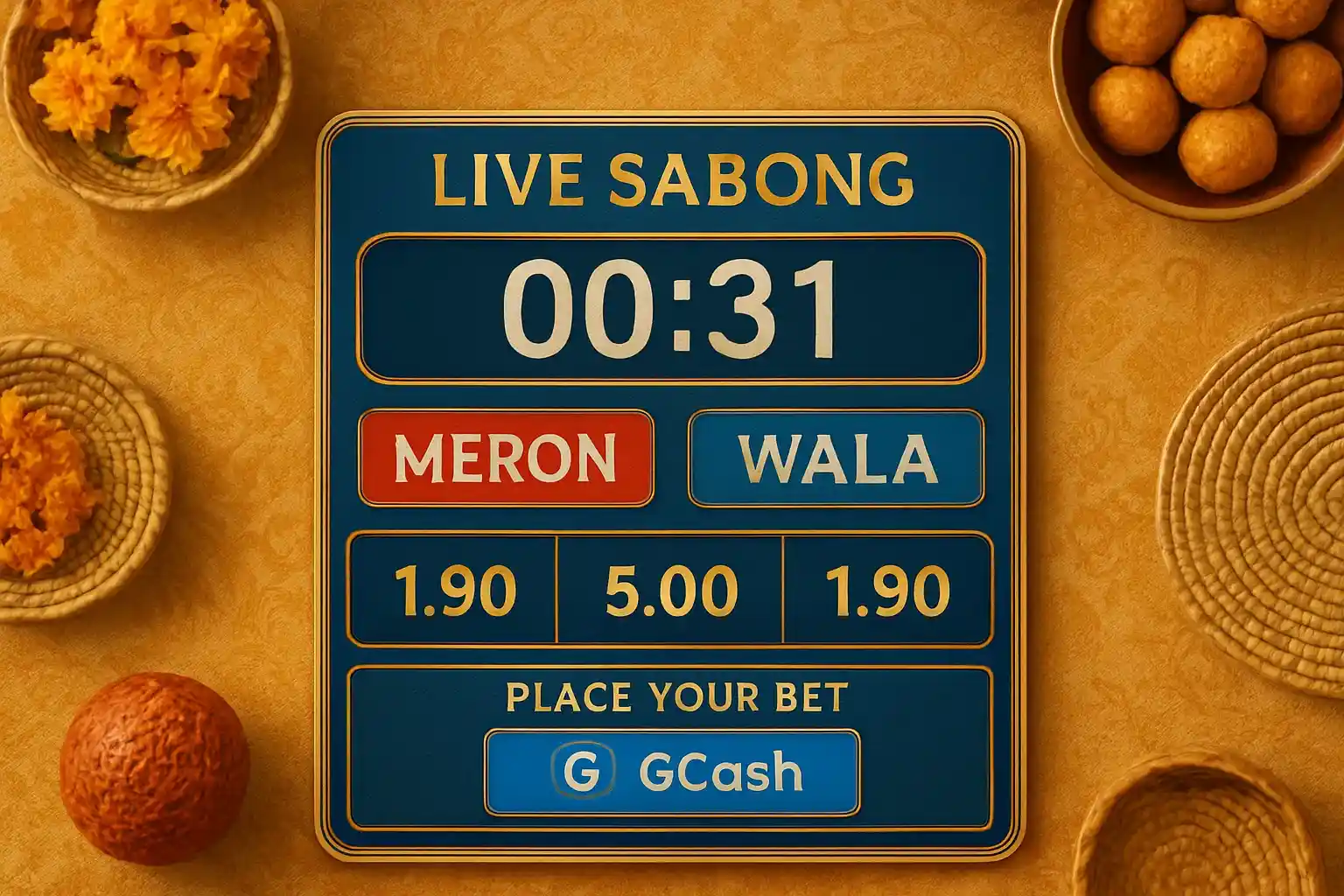 Live sabong countdown timer with Meron vs Wala betting and GCash badge