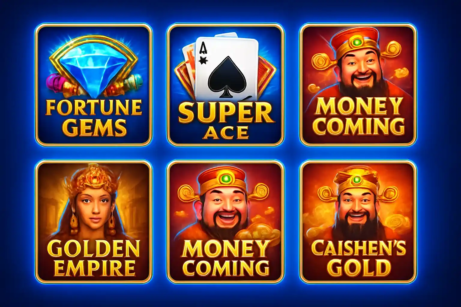 Grid of JILI and PG Soft slot game thumbnails on blue background