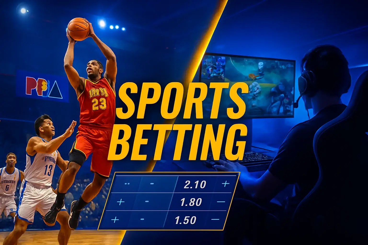 Philippine sports betting banner with PBA action and Mobile Legends overlay